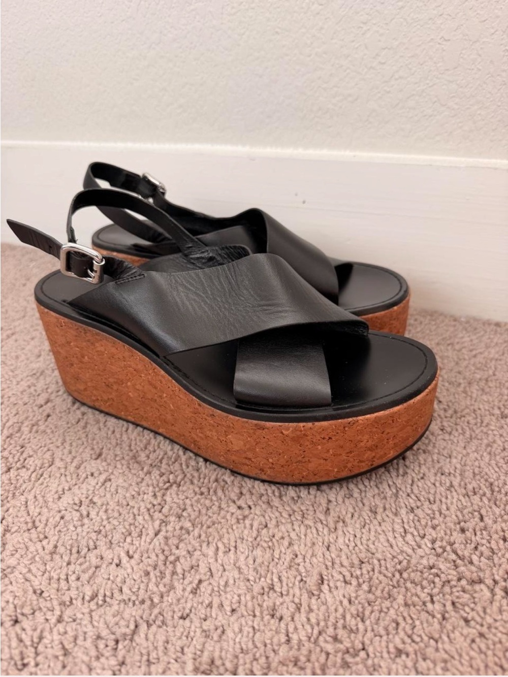 Massimo Dutti Black Leather Cork Platform Sandals
